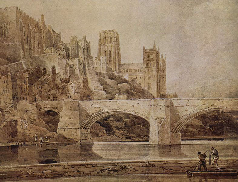 Die Kathedrale von Durham und die Brucke, vom Flub Wear aus gesehen